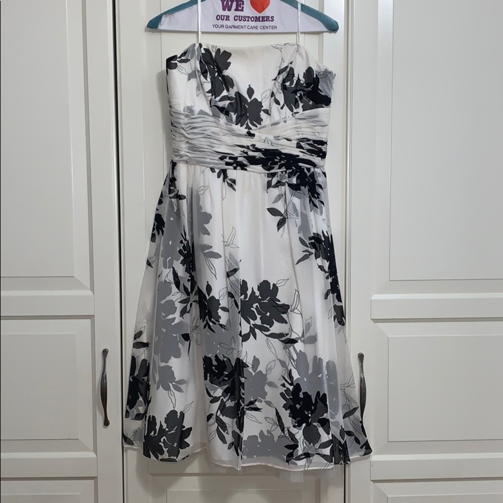 White and Black Floral Print Strapless Dress